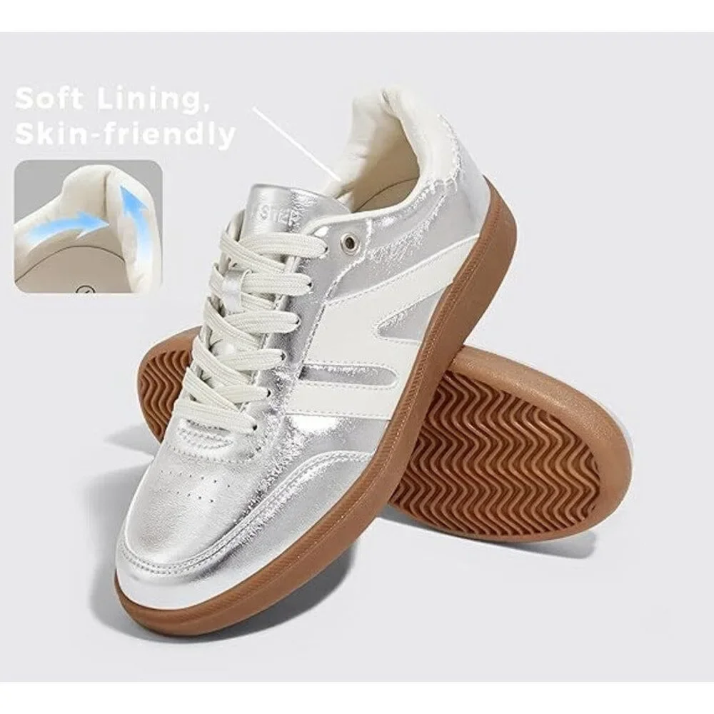 New Lucky Step Womens 8 Silver Lace Up Classic Retro Gum Sole Fashion Sneakers